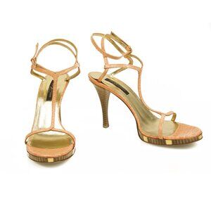 Sergio Rossi Salmon Pink Leather Wooden Heel Sandals Ankle Strap Shoes size 40